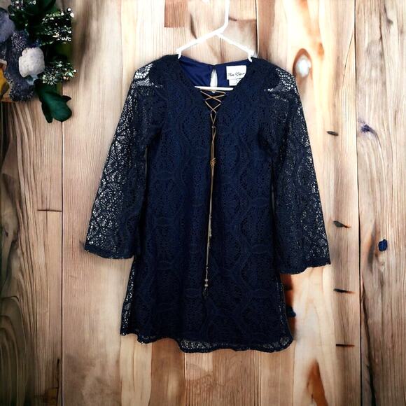 Rare Editions Women’s 16 Navy Blue Long Sleeve Lace Bell Sleeve Mini Dress Lined - Picture 1 of 6